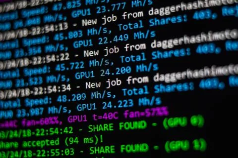 Mining Cryptocurrency process program on display PC. Using Software. Share Fo 写真素材