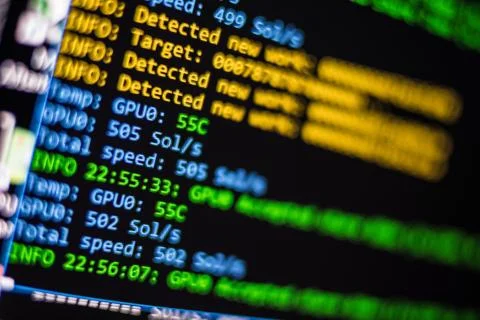 Mining Cryptocurrency process program on display PC. Using Software. Share Fo 写真素材