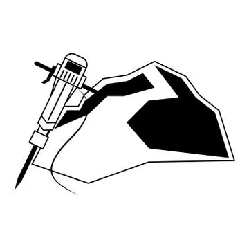 Mining drill and rocks work equipment in black and white Stock Illustration