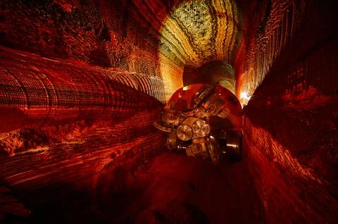 Mining drilling machine in tunnel of sylvinite salt quarry Stock Photos
