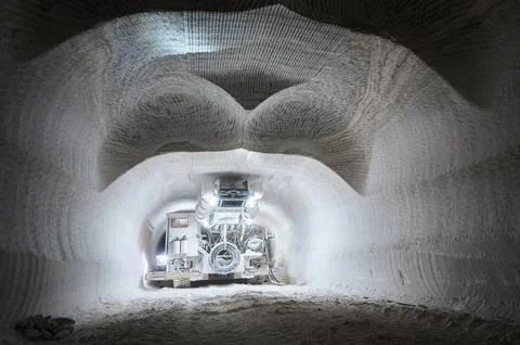 Mining drilling machine works in tunnel of salt quarry Stock Photos