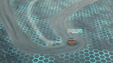 A mining dump truck drives down the road in a deep iron ore quarry with Видео 163899435