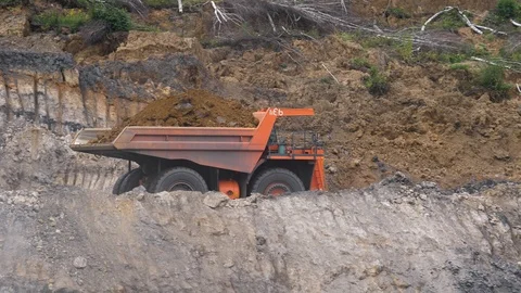 Mining dump trucks in the open pit mine. The dump truck goes on the Stock Footage 94480000