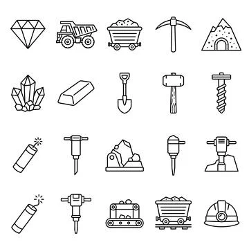 Mining equipment and resources icons set including diamond, dump truck, min.. Stock Illustration