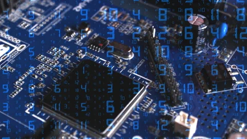 Mining equipment working process, motherboard with processor and numeric data Stock Footage 202102925