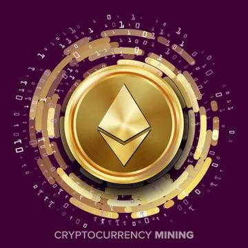 Mining Ethereum Cryptocurrency Vector. Golden Coin, Digital Stream. Futuristic Illustrazione stock