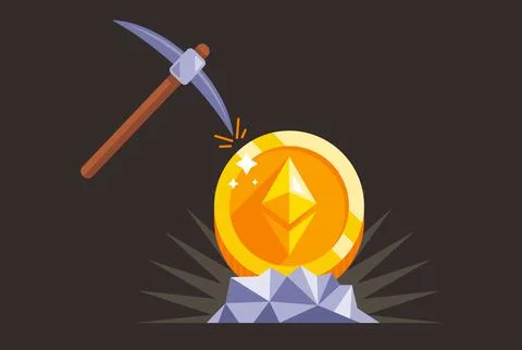 Mining Ethereum using mining. the pickaxe hits the ethereum coin. Stock Illustration