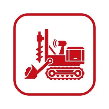 Mining excavation vehicle red vector icon with drill and shovel for industry. Stock Illustration
