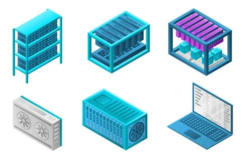 Mining farm bitcoin icons set, isometric style Stock Illustration