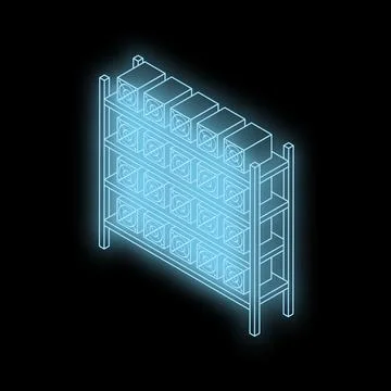 Mining farm with computer equipment generating cryptocurrency on metal rack.. Stock Illustration