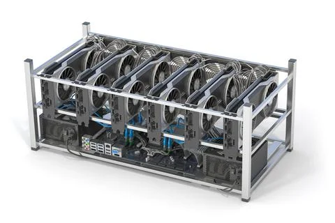 Mining farm from graphics cards GPU standing in a row isolated on white Stock Illustration