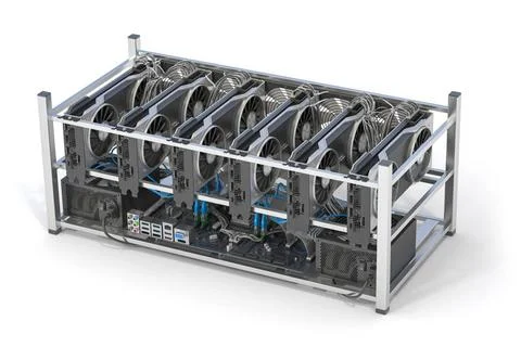 Mining farm from graphics cards GPU standing in a row isolated on white Mi... Stock Photos
