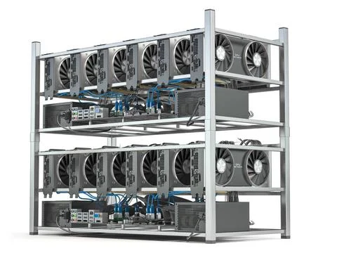 Mining farm from graphics cards GPU standing in a row isolated on white . ... Stock Photos