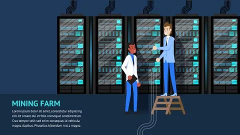 Mining Farm Rack Diagnostic and Synchronization. Stock Illustration