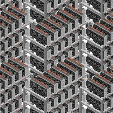 Mining farm seamless pattern. Mining rig GPU ornament. Crypto currency at hom Stock Illustration