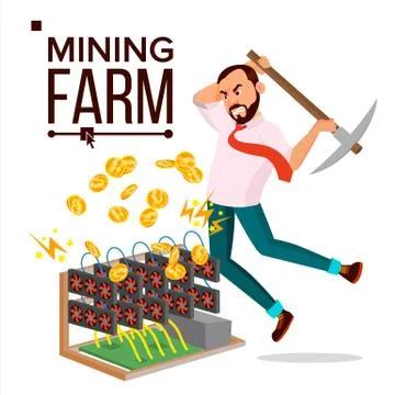 Mining Farm Vector. Businessman Miner. Server Room. Farming Coins. Technology Stock Illustration