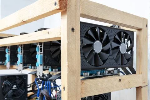 Mining farm, on video cards, for the production of Ethereum cryptocurrency Stock Photos