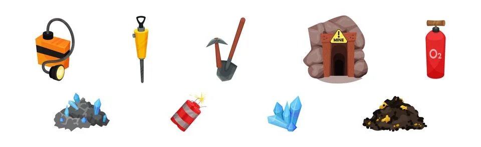 Mining with Flashlight, Drill, Shovel, Cave, Crystal, Dynamite and Oxygen Vector Illustrazione stock