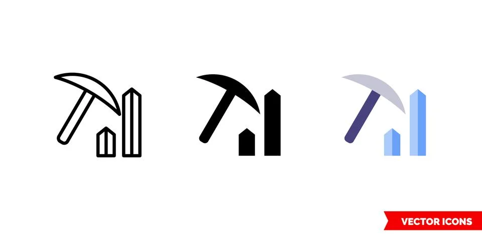 Mining gems icon of 3 types color, black and white, outline. Isolated vector  Illustrazione stock