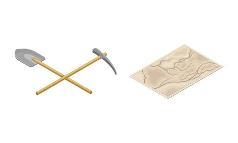 Mining geological industry tools set. Shovel, pickaxe and map vector Stock Illustration