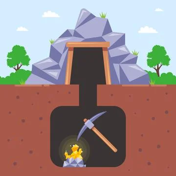 Mining gold in a mine underground. Stock Illustration