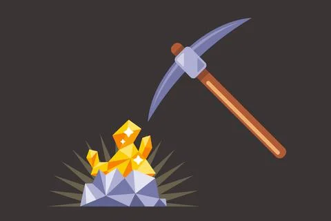Mining for gold underground. find a precious nugget. work with a pickaxe in the Stock Illustration