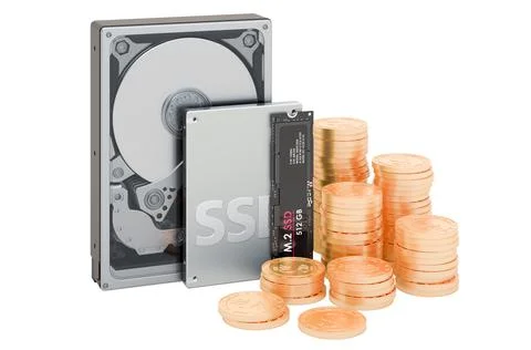 Mining on HDD and SSD, M2 devices concept. Hard Disk Devices with golden coin Ilustración de archivo