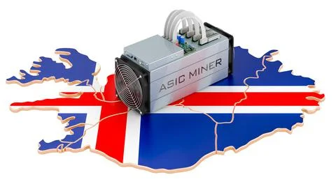 Mining in Iceland, concept. ASIC miner with Icelandic map. 3D rendering Stock Illustration
