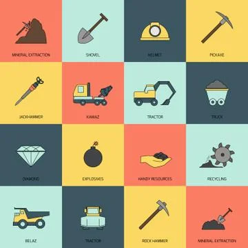 Mining icons line flat Stock Illustration