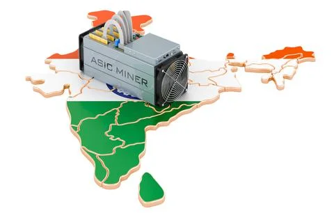 Mining in India, concept. ASIC miner with Indian map. 3D rendering Stock Illustration