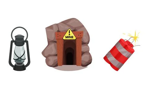Mining Industrial Attribute with Coalmine and Dynamite Vector Set Illustrazione stock