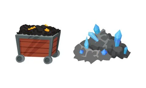 Mining Industrial Tools with Pile of Valuable Minerals and Trolley Vector Set Stock Illustration