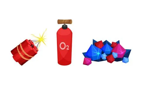 Mining Industrial Tools with Pile of Valuable Minerals and Dynamite Vector Set Stock Illustration