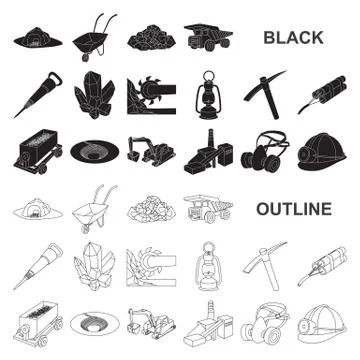 Mining industry black icons in set collection for design. Equipment and tools Illustrazione stock