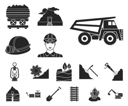 Mining industry black icons in set collection for design. Equipment and tools Stock Illustration