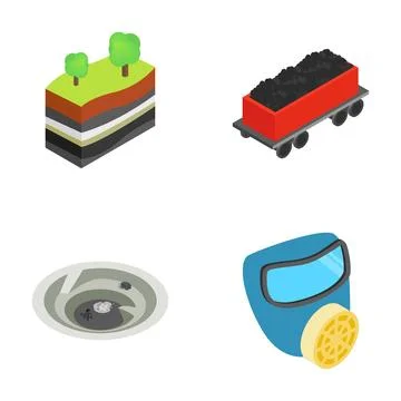 Mining industry extracting coal isometric icon set Stock Illustration