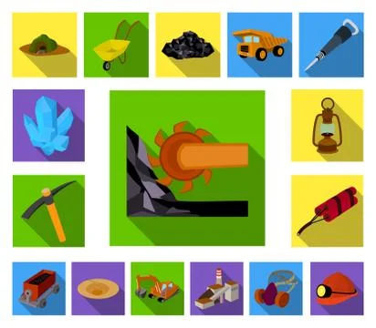 Mining industry flat icons in set collection for design. Equipment and tools Stock Illustration
