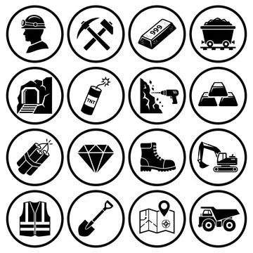 Mining industry icons set: miner, pickaxe, gold bars, mine entrance, dynami.. Stock Illustration