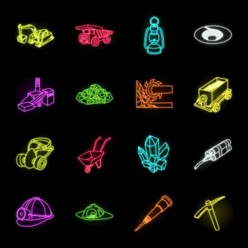 Mining industry neon icons in set collection for design. Equipment and tools Stock Illustration