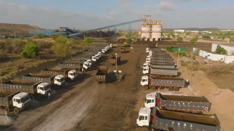 Mining industry operations, aerial view of trucks and processing plant Stock Footage 337908027