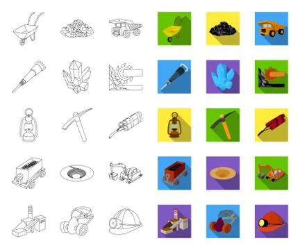 Mining industry outline,flat icons in set collection for design. Equipment and Stock Illustration