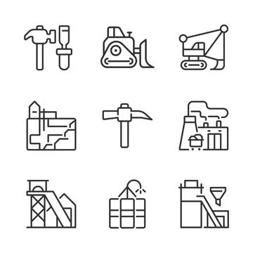 Mining industry related pixel perfect linear icons set Illustrazione stock