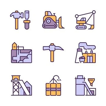 Mining industry related pixel perfect RGB color icons set Stock Illustration