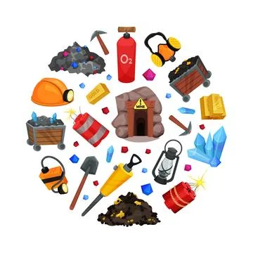 Mining Industry Round Composition Design with Minerals and Equipment Vector Stock Illustration