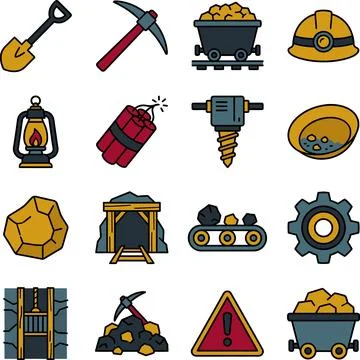 Mining Industry Tools and Equipment Icons Set. Stock Illustration