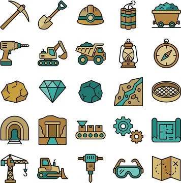 Mining Industry Tools and Equipment Icon Set. Illustrazione stock