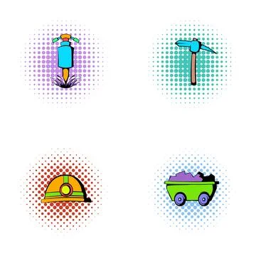 Mining industry tools and equipment comic icons Stock Illustration