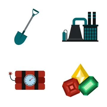 Mining industry tools and precious gems icons set Stock Illustration