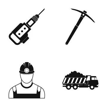 Mining industry tools, worker, and resource transport icons 스톡 일러스트