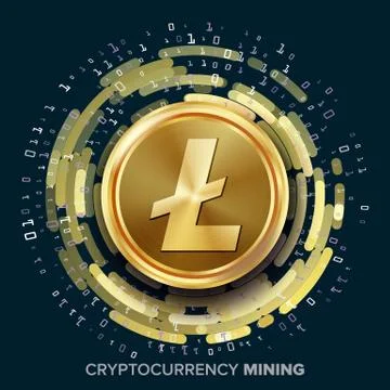 Mining Litecoin Cryptocurrency Vector. Golden Coin, Digital Stream. Futuristic 스톡 일러스트